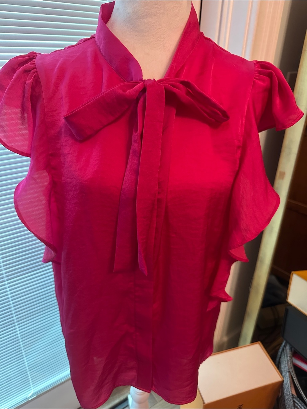 Ann Taylor Hot Pink Tie-Neck Ruffle Sleeve Blouse